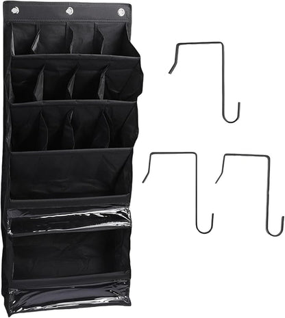 Over The Door Shoe Bag with Pockets | 600D Oxford Fabric Breathable Hanging Storage | Space Saving Shoe Rack for Closet/Dorm/Entryway | Multi - Purpose Organizer, Hooks (Black)