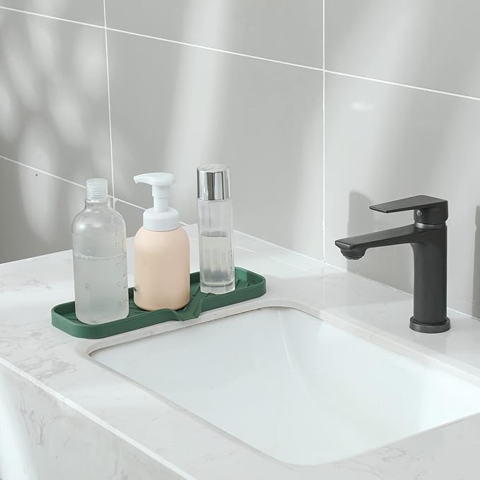 MicoYang Silicone Bathroom Soap Dishes with Drain Spout-Bathroom and Kitchen Sink Organizer,Sponge Holder,Dish Soap Tray,Perfect for Dispenser,Scrubber,Bottle,Cup on Sink or Counter-Green 12"×4"
