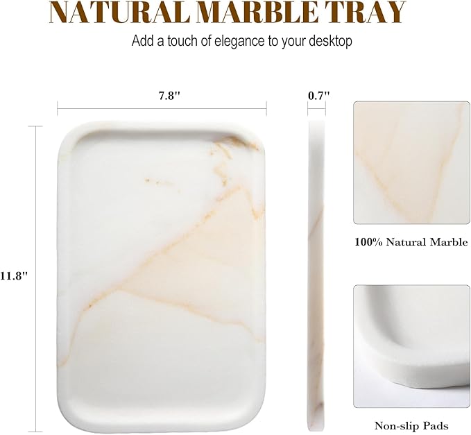 Koville Marble Tray, 12"x8" Natural Marble Vanity Tray for Countertop Bathroom Kitchen Dresser, Decorative Catchall Trays for Perfume Jewelry, Rectangular Stone Serving Tray(Golden Calacatta)