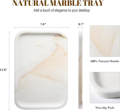 Koville Marble Tray, 12"x8" Natural Marble Vanity Tray for Countertop Bathroom Kitchen Dresser, Decorative Catchall Trays for Perfume Jewelry, Rectangular Stone Serving Tray(Golden Calacatta)