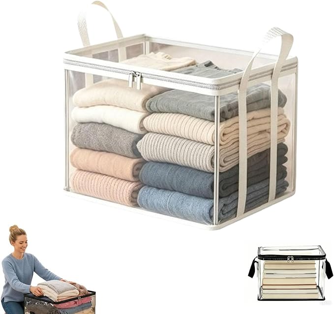 Large Heavy-Duty Thick Plastic Clear Storage Bag for Clothes, Moving & Storage, 2026 Upgraded with Reinforced Handles & Zipper, Stackable Foldable Bins Totes Bags (White, 1Pcs)