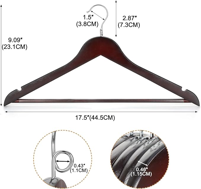 TOPIA HANGER Cherry Wood Hangers 30 Pack, Space Saving Coat Hanger with 360° Swivel Cascading Loop Hook, Non Slip Pants Bar and Shoulder Notches for Camisole, Jacket, Suit (Mahogany) -CT74M30