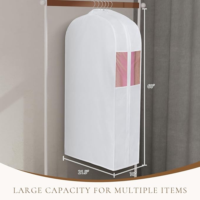 Univivi Premium Cotton Garment Bags for Hanging Clothes and Storage, 60 Inch Washable Dress Bags for Gowns Long, Full Zipper Dust Cover with Extra Large 10" Gusset & Clear Window - 4 Pack