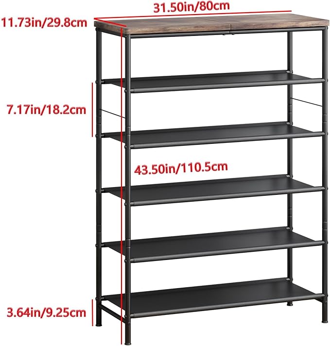 INGIORDAR Shoe Rack Organizer 6 Tier Metal Organizer Shelf with Industrial MDF Board and Layer Fabric for Entryway Closet Bedroom Living Room Garage,Black & Rustic Brown (Black+Rustic Brown, 6 Tier)