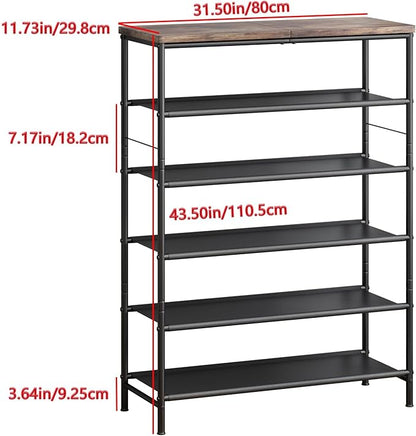INGIORDAR Shoe Rack Organizer 6 Tier Metal Organizer Shelf with Industrial MDF Board and Layer Fabric for Entryway Closet Bedroom Living Room Garage,Black & Rustic Brown (Black+Rustic Brown, 6 Tier)