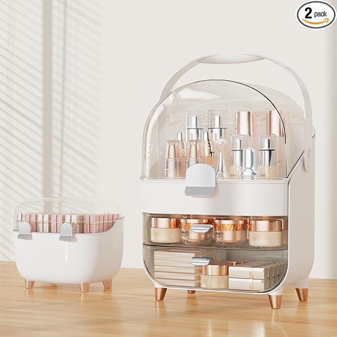 Makeup Organizer for Vanity with perfume Storage Box, Countertop Skincare Organizer with 2 Drawers, Cosmetic Display Case for Perfumes, Eyeshadow Palettes, Nail Polishes, Silver