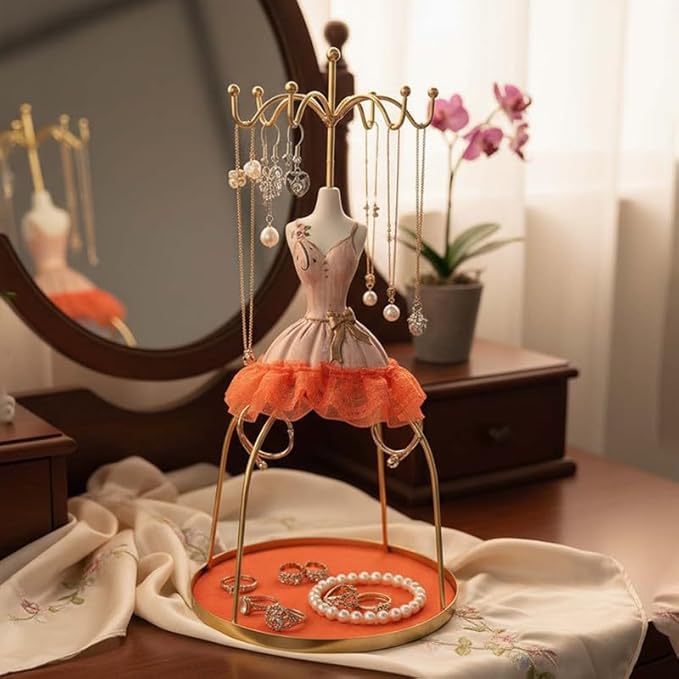 Go Hooked Doll Dress Jewelry Holder Stand | Jewelry Organizer Stand with Hooks for Necklaces, Earrings, Bracelets & Rings | Decorative Jewelry Storage Display for Dressing Table Bedroom (Orange)
