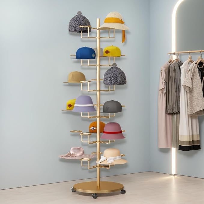 6 Tier Baseball Hat Organizer, Standing Hat Rack Stand, Cowboy Hat with 30 Hooks, Floor Hat Display for Home Store Vendors(Gold,6 Tier)