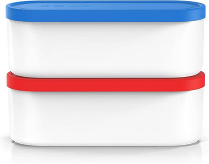 Ice Cream Containers - 2 Quart Ea. (Set of 2) - Premium Reusable Freezer Storage for Homemade Ice Cream Tub for Sorbet, Frozen Yogurt - Flexible Silicone Lids, Long Scoop, Stackable - Blue & Red