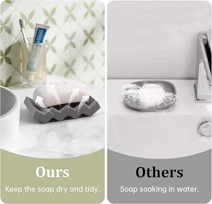 Self Draining Bar Soap Holder Diatomite Soap Dish Fast Drying Soap Saver Small Sponge Caddy for Shower, Bathroom, Kitchen Sink, Dark Grey