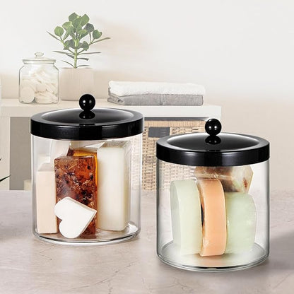 3 Pack 50 Oz Large Plastic Apothecary Jar with Black Stainless Steel Lid - Shatterproof Laundry Pods Container - Modern Industrial Bathroom & Kitchen Storage Organizer for Scent Beads, Bath Bombs