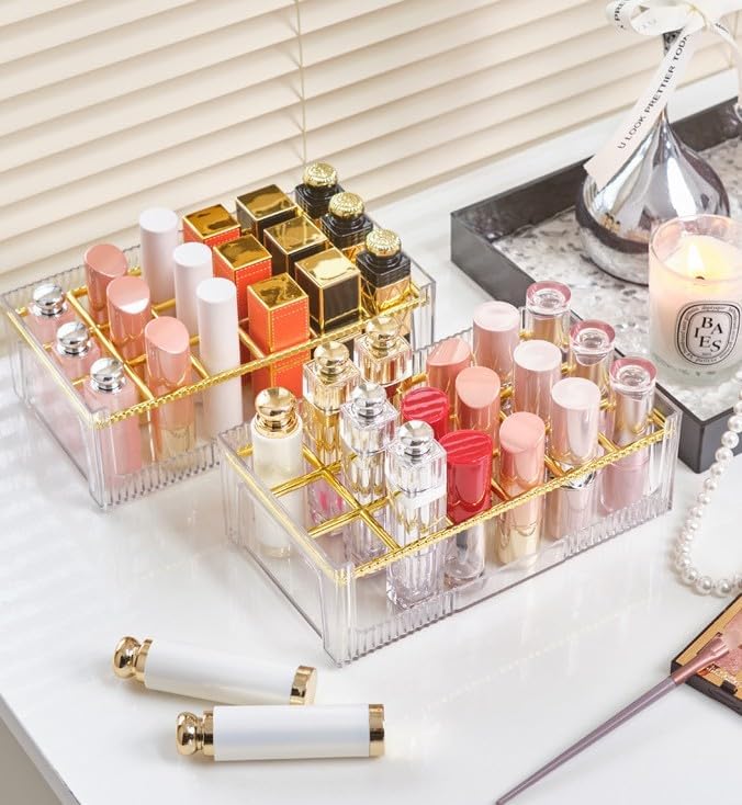 18 Grids Lipsticks Organizer, Clear Acrylic Lip Gloss Holder and Storage Display Case for chapstick, Lip Balm, Makeup (2 Pack A)