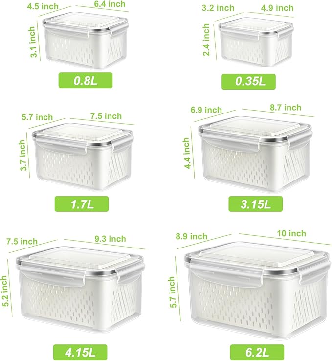 TBMAXS 6 Pack Fruit Storage Containers for Fridge, Produce Saver Vegetable Container with Drain Colanders - Refrigerator Organizer for Lettuce Keepers Berry Container