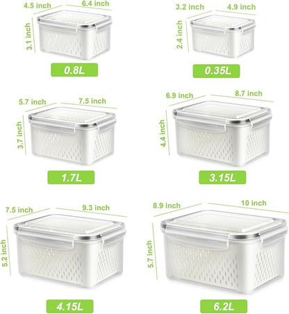 TBMAXS 6 Pack Fruit Storage Containers for Fridge, Produce Saver Vegetable Container with Drain Colanders - Refrigerator Organizer for Lettuce Keepers Berry Container