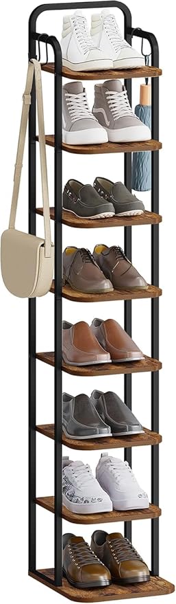 Hzuaneri 8 Tiers Vertical Shoe Rack, Narrow Shoe Tower, Tall Shoes Shelf with 2 Hooks, Adjustable Shelves, Corner Shoes Shelves for Small Spaces, Entryway, Living Room, Rustic Brown SR04301B