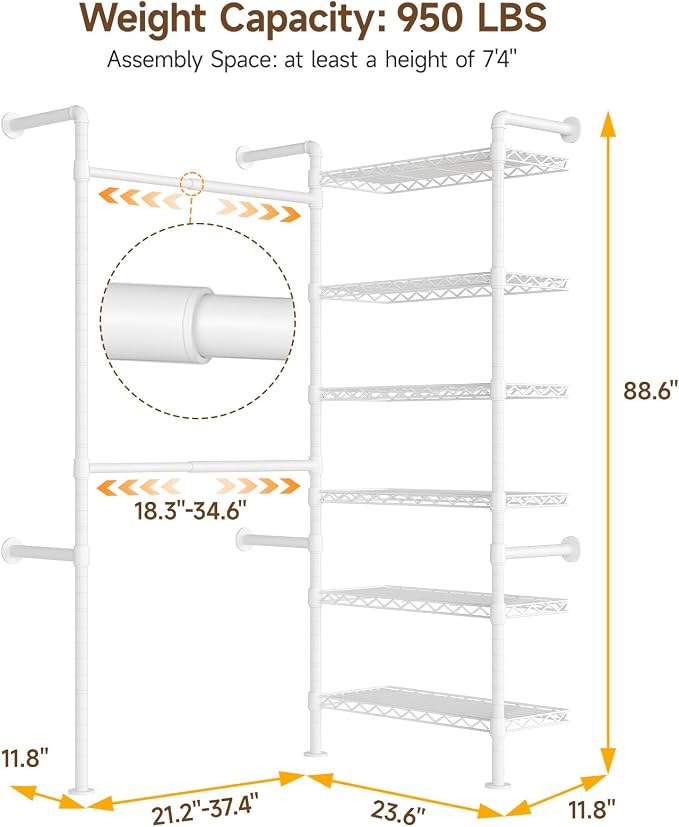 L2 Wall Mounted Closet System, Industrial Pipe Clothing Rack Clothes Racks with 2 Telescopic Rod & 6 Shelves, Heavy Duty Closet Organizers System in Wardrobe Closet, White