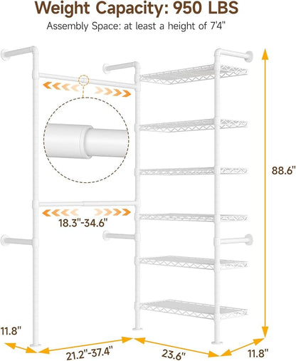 L2 Wall Mounted Closet System, Industrial Pipe Clothing Rack Clothes Racks with 2 Telescopic Rod & 6 Shelves, Heavy Duty Closet Organizers System in Wardrobe Closet, White