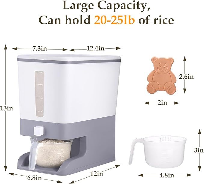 Juome 20-25 Lbs Rice Dispenser with Moisture Absorbing Clay - Large Rice Storage Container with Measuring Cup, Sealed Food Storage Containers with Lids, Rice Holder for Kitchen Pantry Household