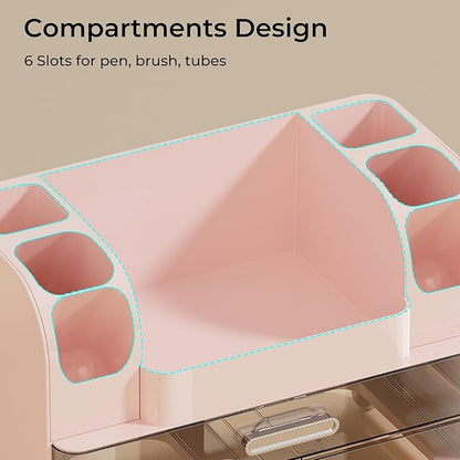 Makeup Organizer for Vanity with 2 Large Drawers, Cosmetic Display Case with Brush Holders, Easy to Storage for Bathroom Countertop Skincare, Perfume, Pink
