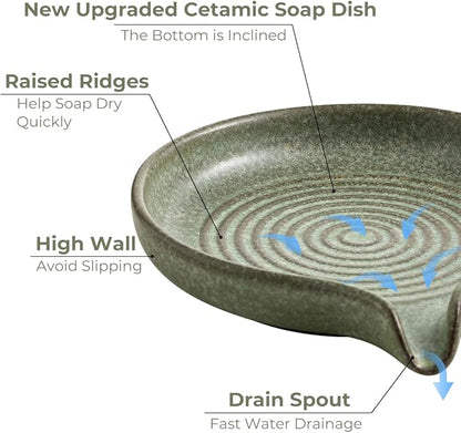 Soap Dishes, Ceramic Shower Soap Dish with Waterfall Design Bar Soap Holder Self Draining Soap Saver for Shower, Bathroom, Sink, Kitchen and Countertop, Green