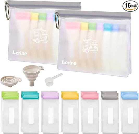 Lerine Reusable Protein Powder Container To Go, Protein Powder Travel Container Set, 14Pcs Single Dose Bags & 2Pcs Large Zip Bags, Portable Supplement Storage Containers with Funnel, Spoon