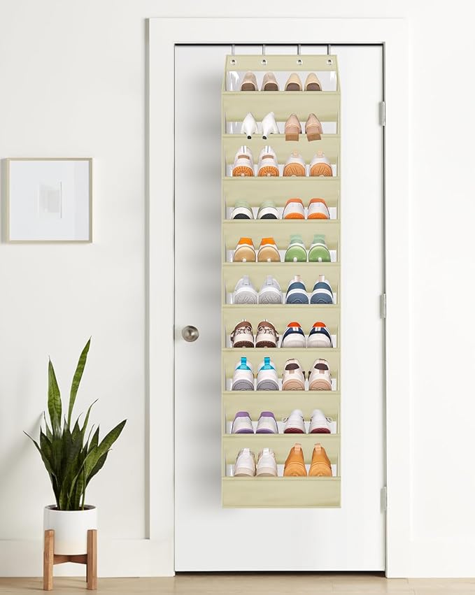 AOODA 10 Tier Clear Over the Door Shoe Organizer Storage, Deep Pockets Large Hanging Shoe Rack for Closet Door, Fit 20 Pairs Shoe Holder Hanger for Sneakers, Boots (Deep beige)