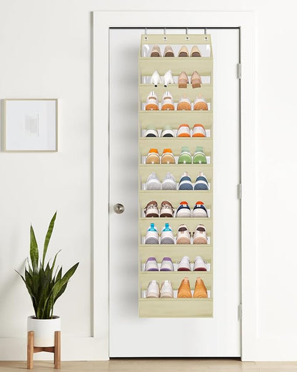 AOODA 10 Tier Clear Over the Door Shoe Organizer Storage, Deep Pockets Large Hanging Shoe Rack for Closet Door, Fit 20 Pairs Shoe Holder Hanger for Sneakers, Boots (Deep beige)