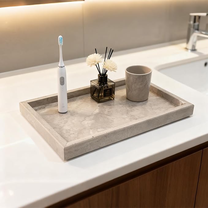 Pure Natural Marble Tray for Bathroom, Dresser, Sink. Cosmetics, toiletries, perfumes, Jewelry, Candles, etc. can be Placed (Floral Wood Grain, 12" x 8" x 1.2")