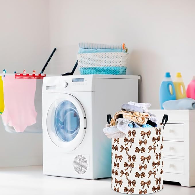CLOCOR Large Laundry Basket,Waterproof Nursery Hamper,Collapsible Fabric Storage Container,Room Decor,Gift Basket（Leopard Print Bow)