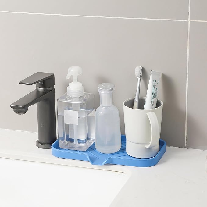MicoYang Silicone Bathroom Soap Dishes with Drain Spout Bathroom and Kitchen Sink Organizer,Sponge Holder,Dish Soap Tray,Perfect for Dispenser,Scrubber,Bottle,Cup on Counter Lichen Blue 9.6"×5.3"