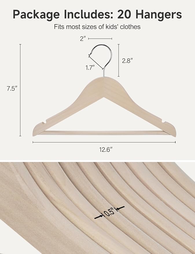 StorageWorks Baby Hangers 20 Pack, Lotus Wood Clothes Organizer for Toddler, Kids Wooden Hanger with Pant Bar for Closet, Natural Lotus Wood Color