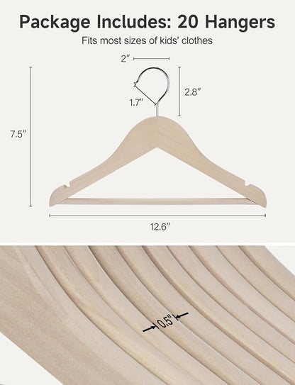 StorageWorks Baby Hangers 20 Pack, Lotus Wood Clothes Organizer for Toddler, Kids Wooden Hanger with Pant Bar for Closet, Natural Lotus Wood Color