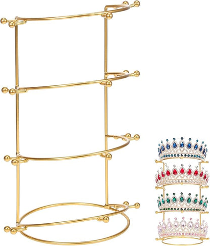 CALLARON Crown Display Stand, Jewelry Organizer Stand 4-Layer, Metal Necklace Display Holder, Vintage Headband Display, Gold Headdress Storage Rack Display for Crown Hairband Necklace Jewelry