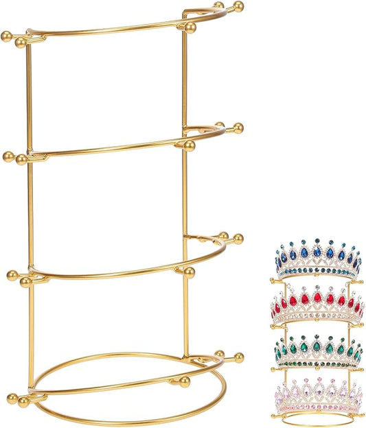 CALLARON Crown Display Stand, Jewelry Organizer Stand 4-Layer, Metal Necklace Display Holder, Vintage Headband Display, Gold Headdress Storage Rack Display for Crown Hairband Necklace Jewelry