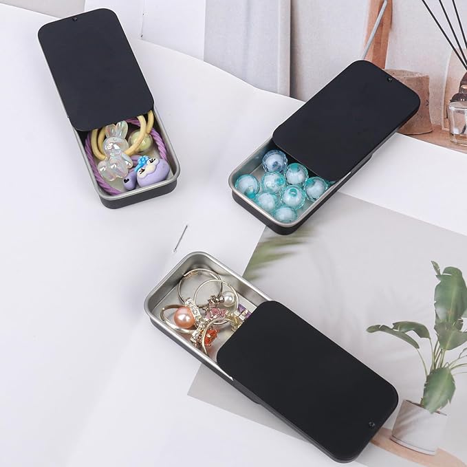 70 Pack Black Slide Top Metal Tin Containers, Mini Metal Tin Box with Slide Lid, Empty Lip Balm Containers for DIY Projects, Pills, Candies, Jewelry (2.36 x 1.34 x 0.43 Inch)