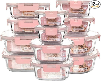 12 Pack Glass Storage Containers Transparent, Stackable Design Meal Prep Containers for Food Storage, Home, Kitchen & Pantry Organization, Microwave/Freezer/Dishwasher Safe