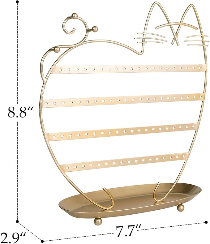 NIKKY HOME Cat Earring Holder Hanging Organizer Stand Metal Jewelry Tree Table Top Ear Stud Holder Tower Rack with Ring Tray and Hook for Girls (80 Holes), Gold