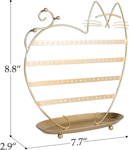 NIKKY HOME Cat Earring Holder Hanging Organizer Stand Metal Jewelry Tree Table Top Ear Stud Holder Tower Rack with Ring Tray and Hook for Girls (80 Holes), Gold