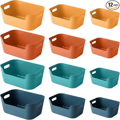 OWill 12-Pack Mixed Plastic Storage Bins and Baskets for Efficient Home Classroom Organization - Small Containers in Multiple Colors for Kitchen, Cupboard Box, Bathroom Organizer on Shelves and Tubs