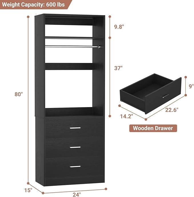 Besiost Freestanding 2FT Closet System with 3 Wood Drawers, 24" Closet Organizer System with Hanging Rod & Shelves, Walk-in Closet Systems for Small Closets, Black (24"L x 15" W x 80" H)