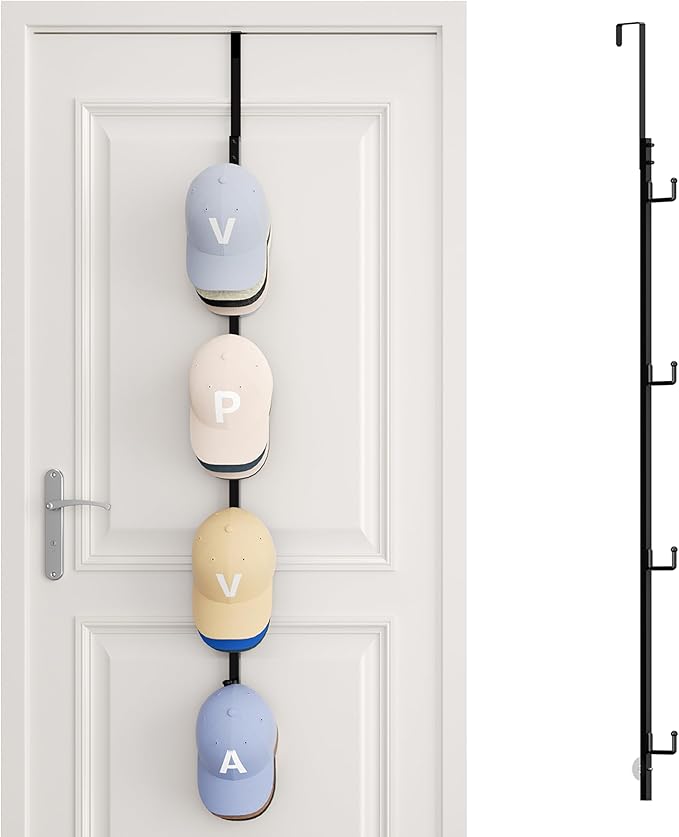 SWTYMIKI Over Door Hat Rack - Hat Organizer with 4 Hooks Design, Hanging Baseball Cap Organizer Storage Holds Up to 20 Caps for Door, Bedroom, Closet (Black)