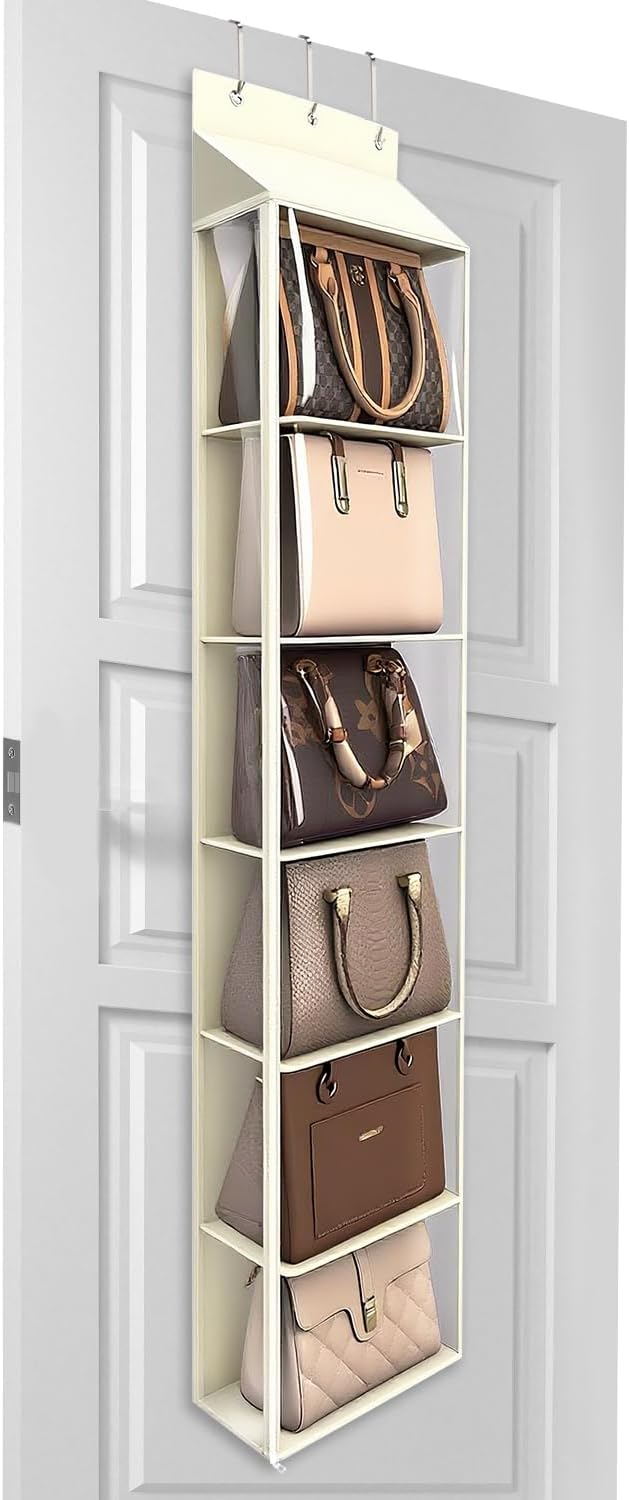 Lirex Over The Door Purse Organizer & Purse Shelf for Closet – Handbag Storage Organizer with Purse Hanger. Perfect for Scarves, Hats, and Leggings. L (15.7'' x 5.7'' x 68''), Cream White