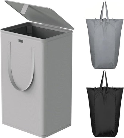 WOWLIVE 100L Laundry Hamper with Lid, Large Foldbale Laundry Basket with 2 Removable Bags and Handles, Tall Collapsible Dirty Clothes Hamper for Laundry Room, Bathroom, Dorm (Grey)