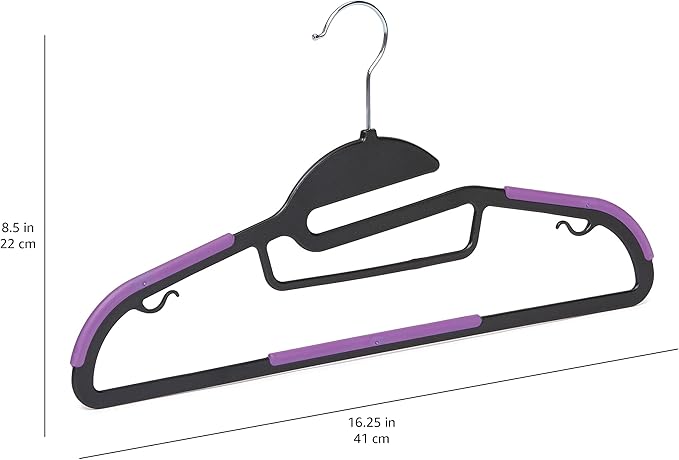 Amazon Basics Space Saving Non-Slip Rubber Coated Plastic Hangers with 360 Degree Swivel Hook, Black/Purple, Pack of 50