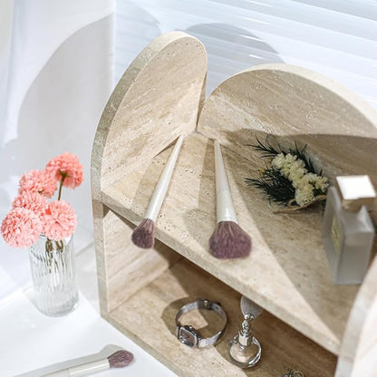 DUANYAN Travertine Bathroom Counter Organizers and Storage, 2-Tier Luxurious Makeup Organizer for Perfume Cosmetic Skincare Jewelry, Natural Stone Counter Shelf, No Assembly Required