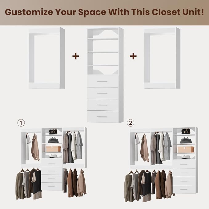 ROOMTEC Modular Closet System, 66" Wall-Mounted Closet Organizer with Drawers and Hanging Rods, Wooden Tower for Walk-In Closets, Wardrobe Storage Kit, White