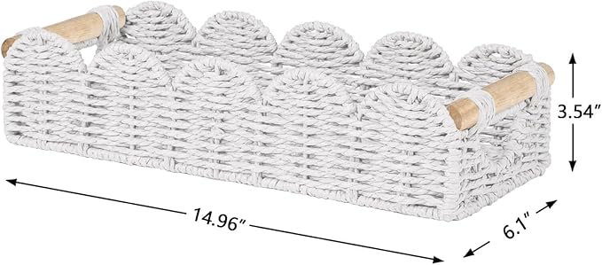CubesLand Bathroom Basket Organizer w/Cut Out Handle, Back of Toilet Paper Storage Baskets Tray for Bathroom Countertop Decorative, Scalloped Wicker Basket Also for Home Decor, Living Room, White