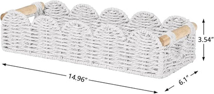 CubesLand Bathroom Basket Organizer w/Cut Out Handle, Back of Toilet Paper Storage Baskets Tray for Bathroom Countertop Decorative, Scalloped Wicker Basket Also for Home Decor, Living Room, White
