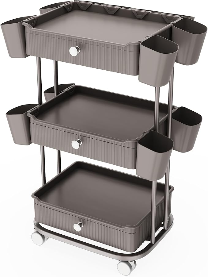 3 Tier Drawer Beauty Cart with 12 Movable Storage Organizer, Thickened ABS & 360° Wheels for Salon Station for Hair Stylist, Beauty Salon, Spa Massage Parlor, Makeup Organizer and More - Brown