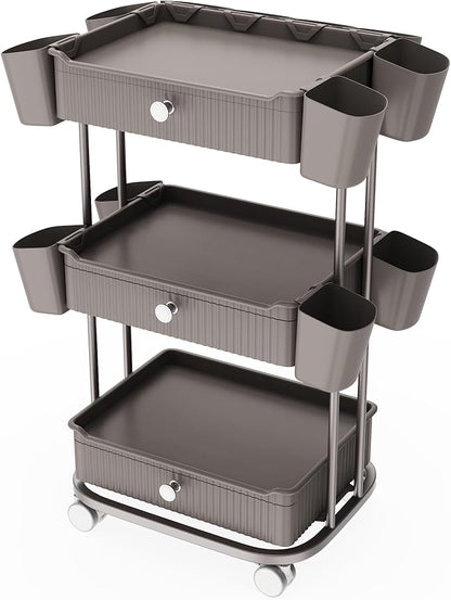3 Tier Drawer Beauty Cart with 12 Movable Storage Organizer, Thickened ABS & 360° Wheels for Salon Station for Hair Stylist, Beauty Salon, Spa Massage Parlor, Makeup Organizer and More - Brown